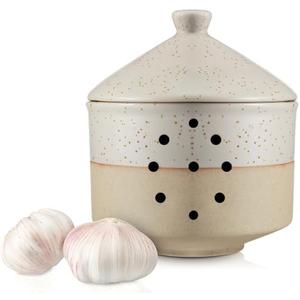 Honeydak 1 Pcs Large Ceramic Garlic Keeper with Lid & Holes, 4" x 4.5" Decorative Countertop Storage Container for Farmhouse Kitchen, Keeps Garlic Cloves Fresh, White
