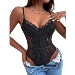 SHENHE Women's Floral Lace Spaghetti Strap Sheer Mesh Sleeveless Cami Bodysuit Tops (XL, Black)