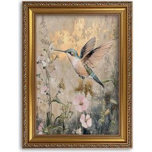 Vintage Gold Framed Wall Art for Living Room Hummingbird Canvas Prints Home Decor Floral Gold Foil Style Painting Picture Bedroom Wall Decor Gifts for Friends or Family 16x24in