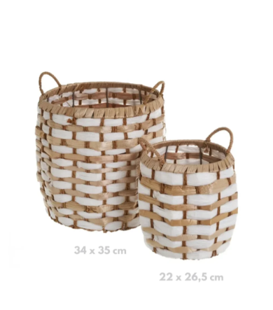 Set of 2, White Rattan Basket with Handles, 11" and 7" 
