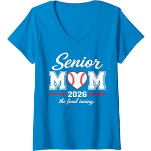 Women's Baseball Senior Mom 2026 Final Inning Baseball Mama Senior V-Neck T-Shirt S
