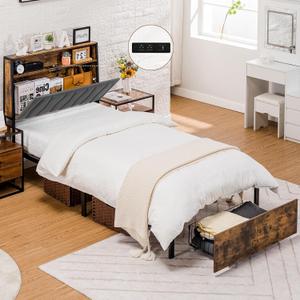 COMHOMA Twin Size Platform Bed Frame with LED Lights and Charging Station, Storage Headboard and Footboard Drawers, No Box Spring Needed, Rustic Wood Look (Vintage Brown and Grey)