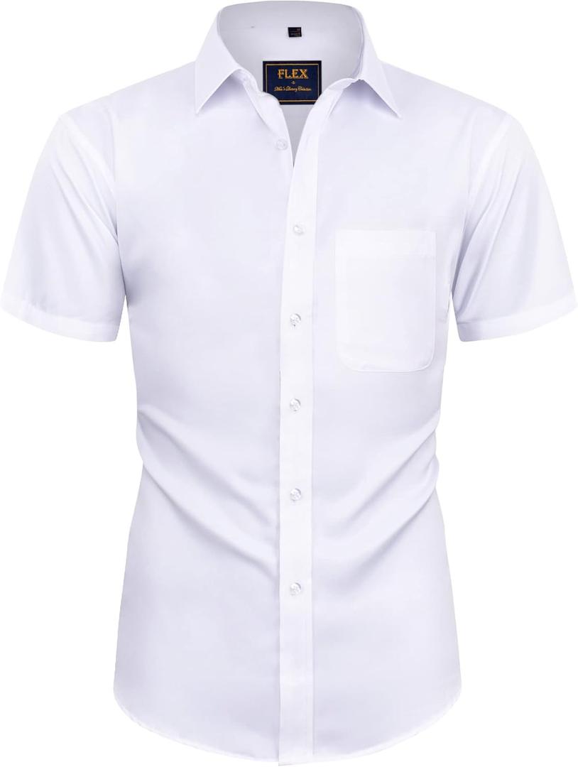 Alimens & Gentle Mens Short Sleeve Dress Shirts Wrinkle Free Solid Casual Button Down Shirts with Pocket (Medium, White)