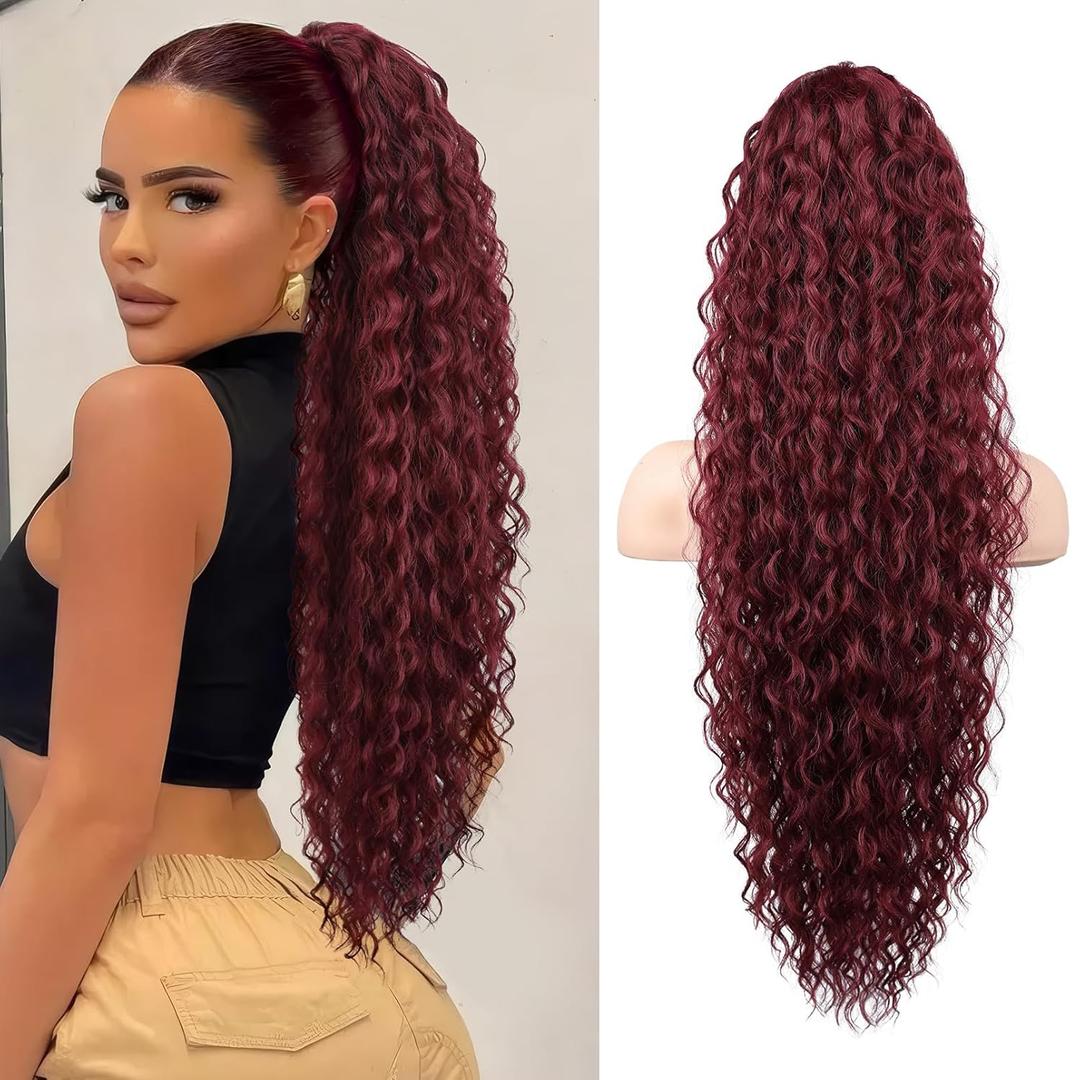 SEIKEA Ponytail Extension, 30" Long Lightweight Full Natural Curly Drawstring Ponytail Fake Pony Tail Multi Layered Soft Clip in Hair Extensions Synthetic Hairpiece Burgundy