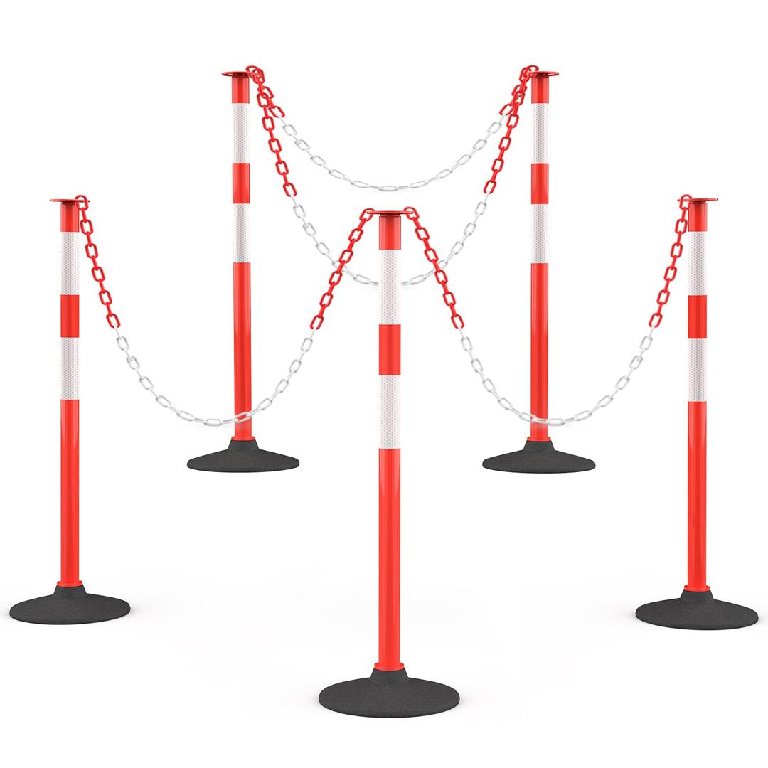 RoadHero 5 Pack Traffic Delineator Post with Weighted Rubber Base, Portable Orange Safety Barrier Posts Cones with 5 FT Plastic Chain and Reflective Collars for Parking Lots,Construction Events