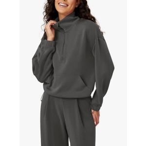 ODODOS Women's Modal Soft Cinchable Sweatshirts Half Zipper Funnel Neck Oversize Pullover with Pockets,S
