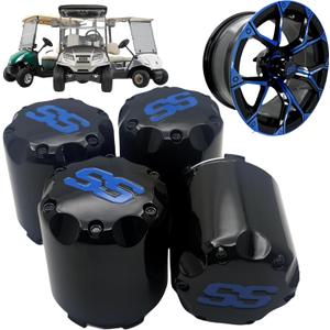 Golf Cart SS Wheel Center Cap Cover, ITP Push in Style Wheel Hub Caps for EZGO Club Car Yamaha and Other Models 8,10,12,14 inch Wheel,4 PCS (Gloss Black with Blue SS)