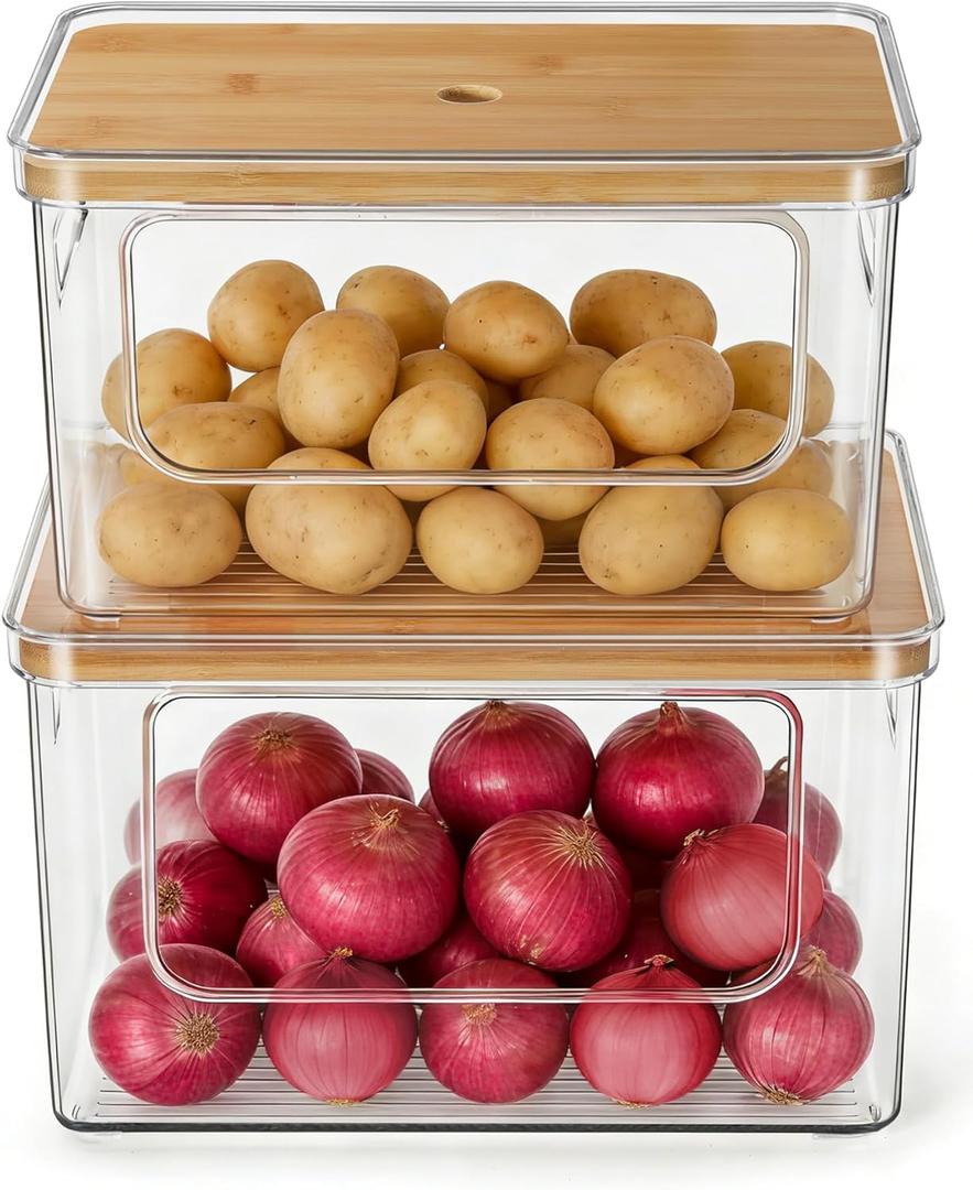 Hudgan Pantry Organizers and Storage with Straight Side, 2 Set Stackable Bin with Open Front for Onion, Potato, Garlic, Fruit, Clear Storage Bin with Bamboo Lid for Kitchen Cabinet, Countertop, Bathroom