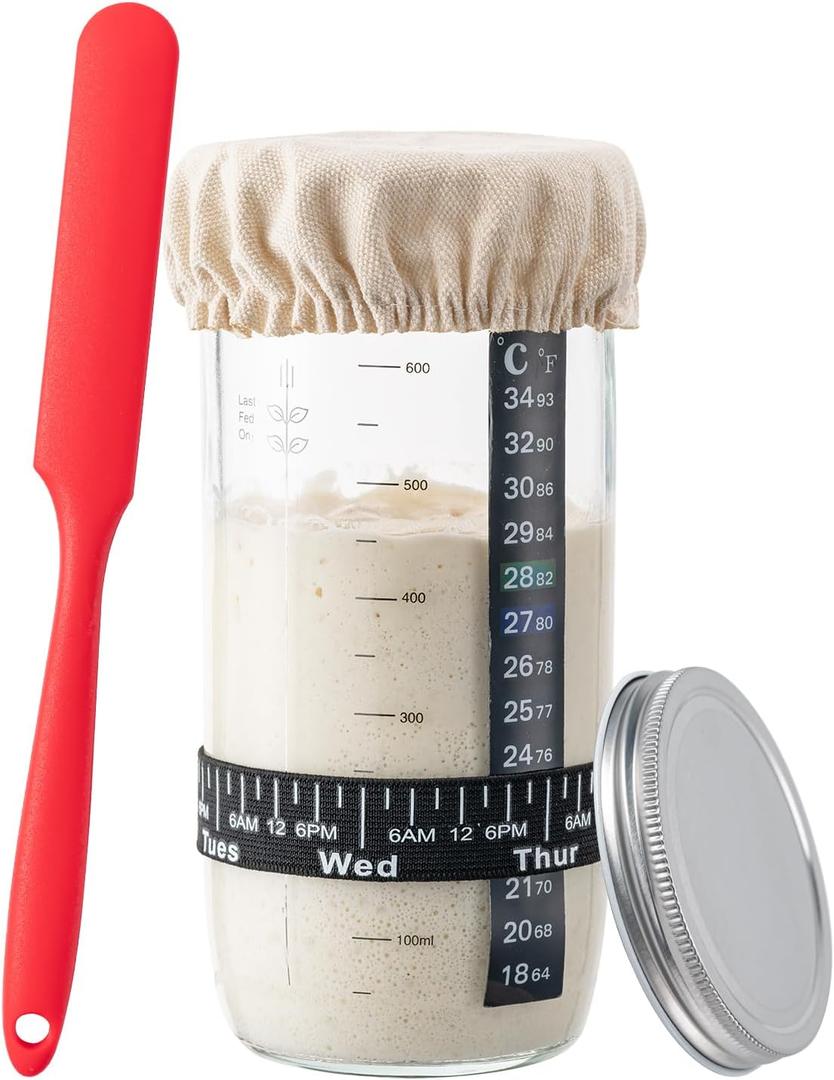 BOOMIBOO 24 oz Sourdough Starter Jar, Glass Jars Fermentation Kit, Sourdough Starter Kit with Date Marked Feeding Band, Thermometer, Cloth Cover & Metal Lid, Instruction Book