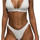 Bathing Suits for Women Deep V Neck Sexy Two Piece Bikini Sets for Women Thong Halter Cheeky Swimsuit (Small, White)