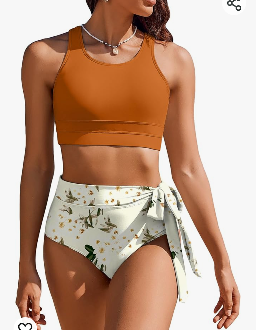 AI'MAGE Womens High Waisted Bikini Set Tummy Control 2 Piece Bathing Suit Modest Racerback Swimsuit 2024 with Tie Side Knot, Large, Caramel Flower