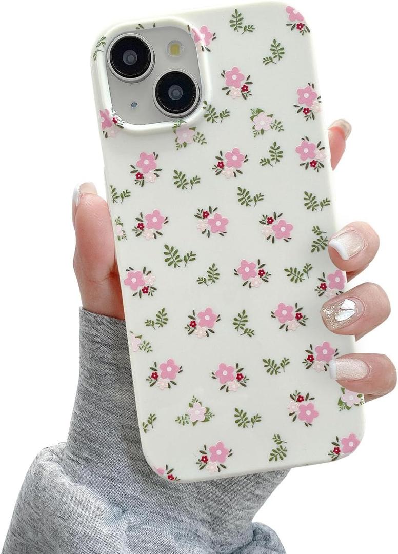QLTYPRI for iPhone 15 Case, Cute Pink Floral Flower Pattern Aesthetic Phone Case, Raised Camera Protection Soft Slim TPU Shockproof Protective Phone Cover for Girls Women - Pink White