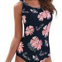 Modest One Piece Swimsuit for Women Full Coverage Floral Bathing Suit with Built-in Bra, Criss Cross Back Athletic Swimwear for Water Aerobics Pattern 12-14 Pink