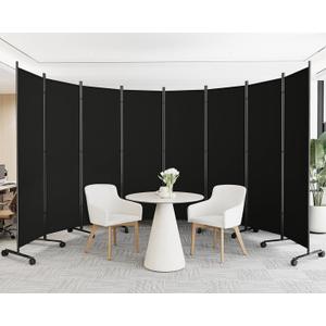 SUNALLY Room Divider 6FT Folding Privacy Screens with Lockable Wheels, 8 Panel Room Partition for Room Separator, 176" W Freestanding Portable Fabric Wall Dividers for Home Dorm Studio Office, Black