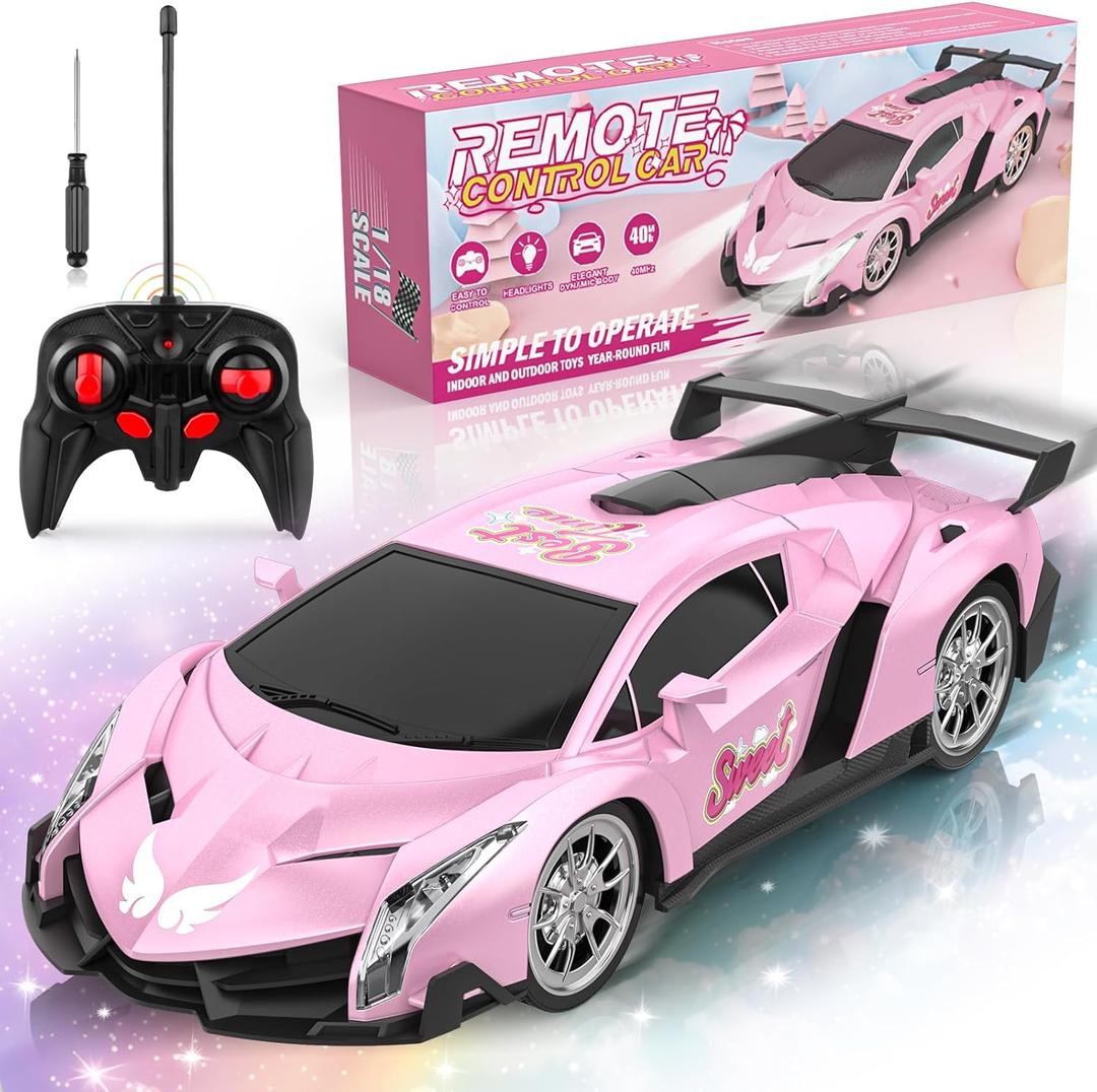 Growsland Remote Control Car for Girls, 1:18 Pink RC Cars Toys for Kids Girl Electric Vehicle Toy Car Hobby Racing Car with Lights & Controller, Birthday Gifts for Girl Boys Age 3 4 5 6 7 8 9 Year Old