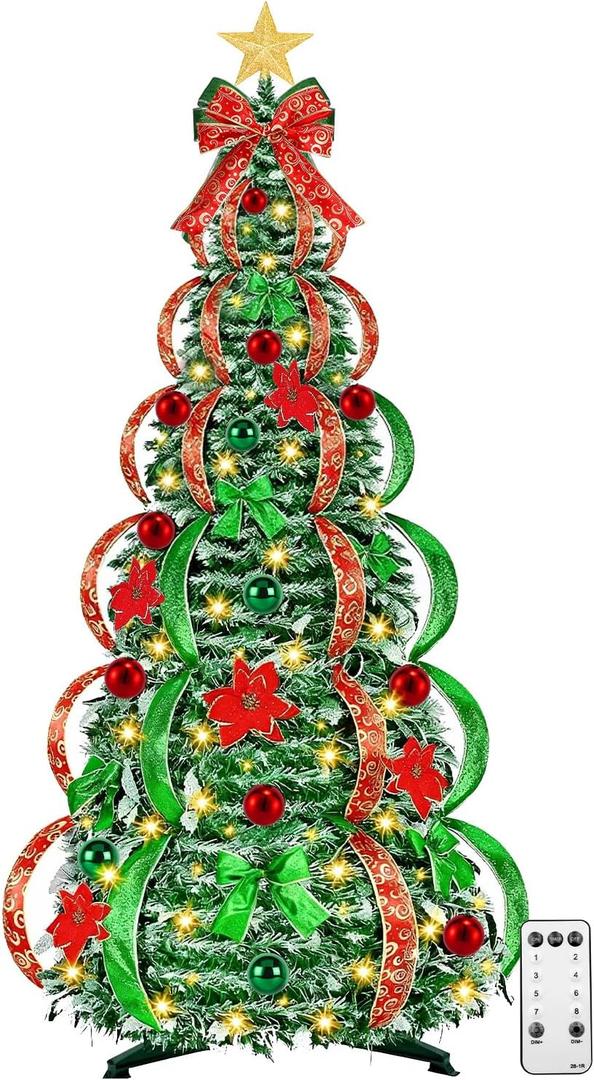 [ 8 Modes & Timer ] 6Ft Prelit Full Pop Up Flocked Pencil Christmas Tree with 200 Warm White LED Lights, Balls, Red & Green Ribbon, Bows, Plug in Collapsible Xmas Tree Outdoor Indoor Christmas Decor