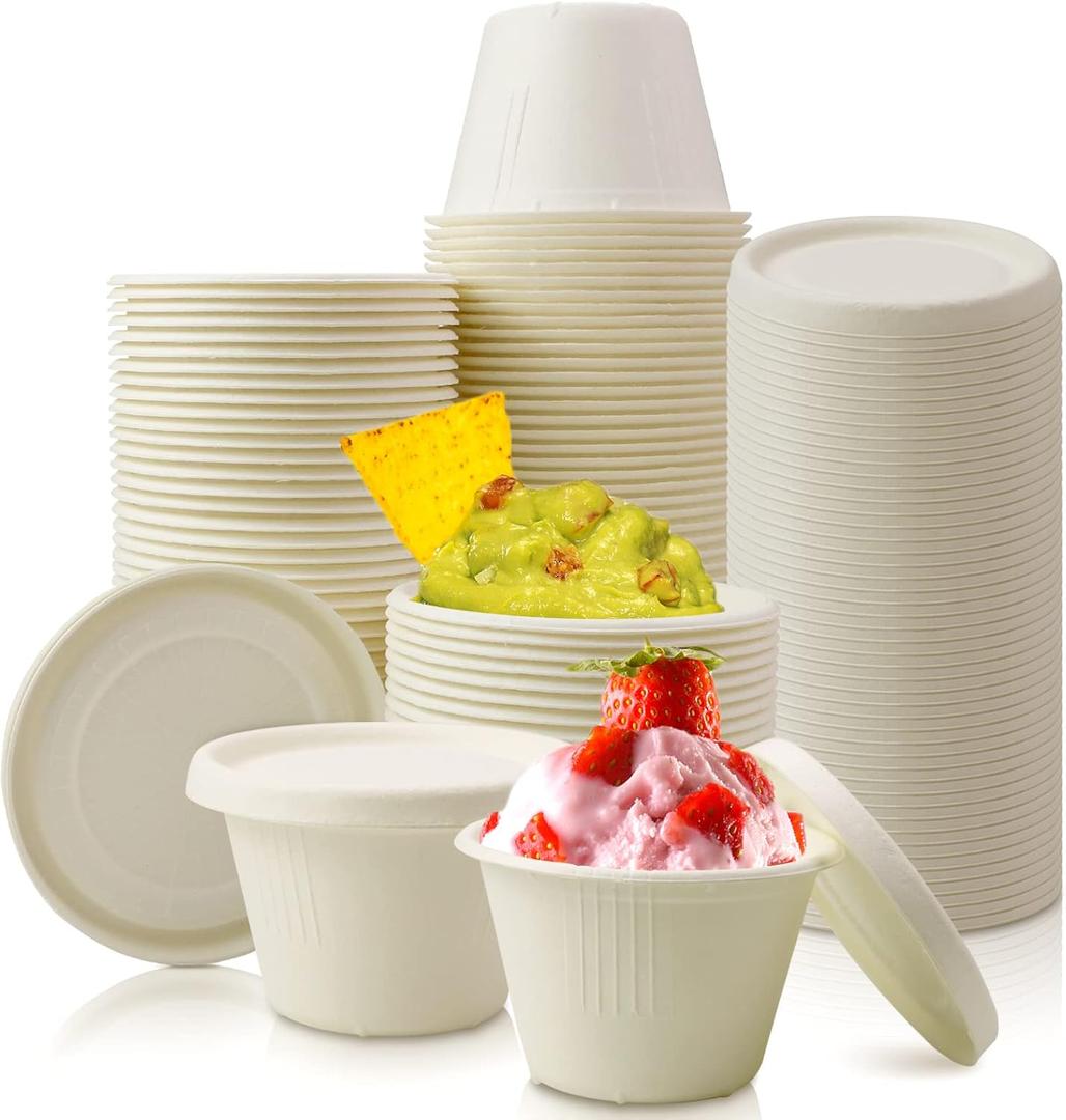 Vmiapxo 100 Pack 4oz Disposable Paper Cups with Lids, Small Ice Cream Cups, 4 Ounce Natural Bagasse Fiber Recycleable Paper Bowls for Portion Condiments, Sauce, Souffle (100, White)