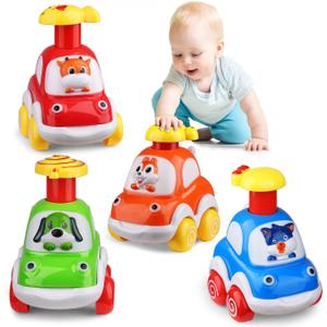 ALASOU 4 PCS Animal Car Toys for 1 Year Old Boy Girl|Baby Toys 1 Year Old Boy Gifts|Vehicle Toy Set Easter Basket Stuffers for Toddler Toys 1-2|1st Birthday Gift for Infant 12 18 Months