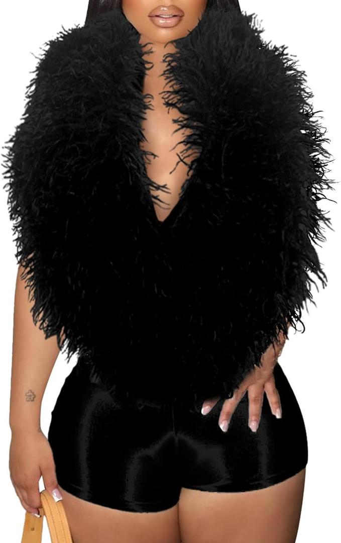 Women Furry Collar Backless Jumpsuits Sexy Club Going Out Outfits V Neck Sleeveless Halter Shorts Romper (Small, Black)