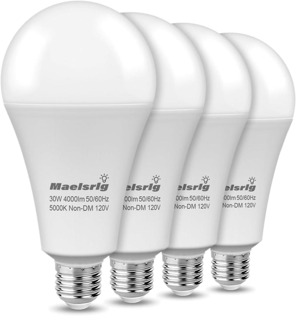 Maelsrlg 300W Equivalent LED Bulb, 30W 4000 Lumens Daylight 5000K, E26 Base, 120V, Non-Dimmable, 4-Pack  Replaces 300 Watt Light Bulb for Garage, Shop & Warehouse