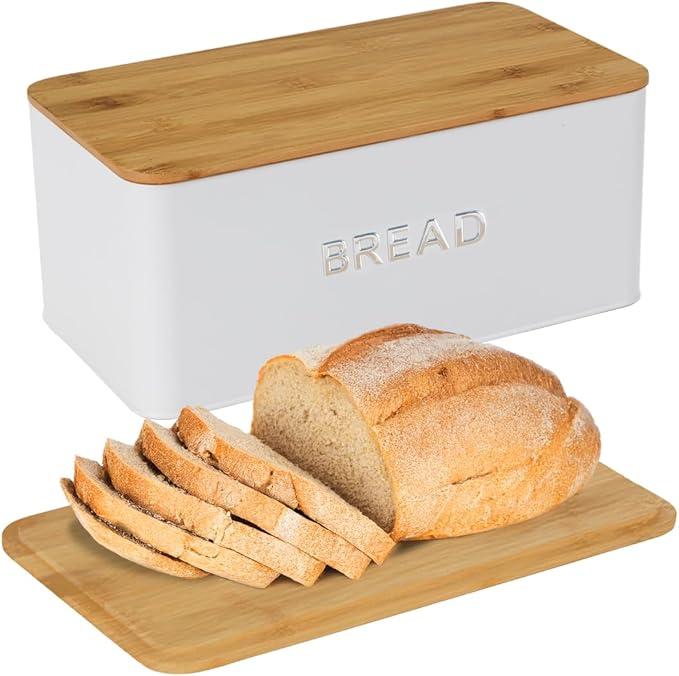 Culinary Couture White Bread Box for Kitchen Countertop with Bamboo Lid - Large BreadBox for Homemade Bread - Storage BreadBox with Cutting Board Lid