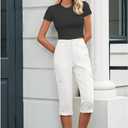 LookbookStore Capri Pants for Women High Waisted Cargo Casual Elastic Waist Rolled Hem Summer Capris Pants with Pockets (White, XXL)