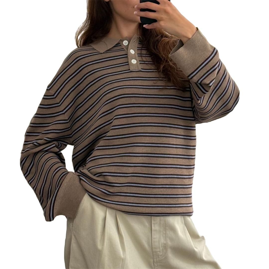 Women Oversied Stripd Rugby Shirt Y2k Long Sleeve Button Collared Preppy Polo Sweater Vintage Aesthetic Streetwear Light Brown (XL)