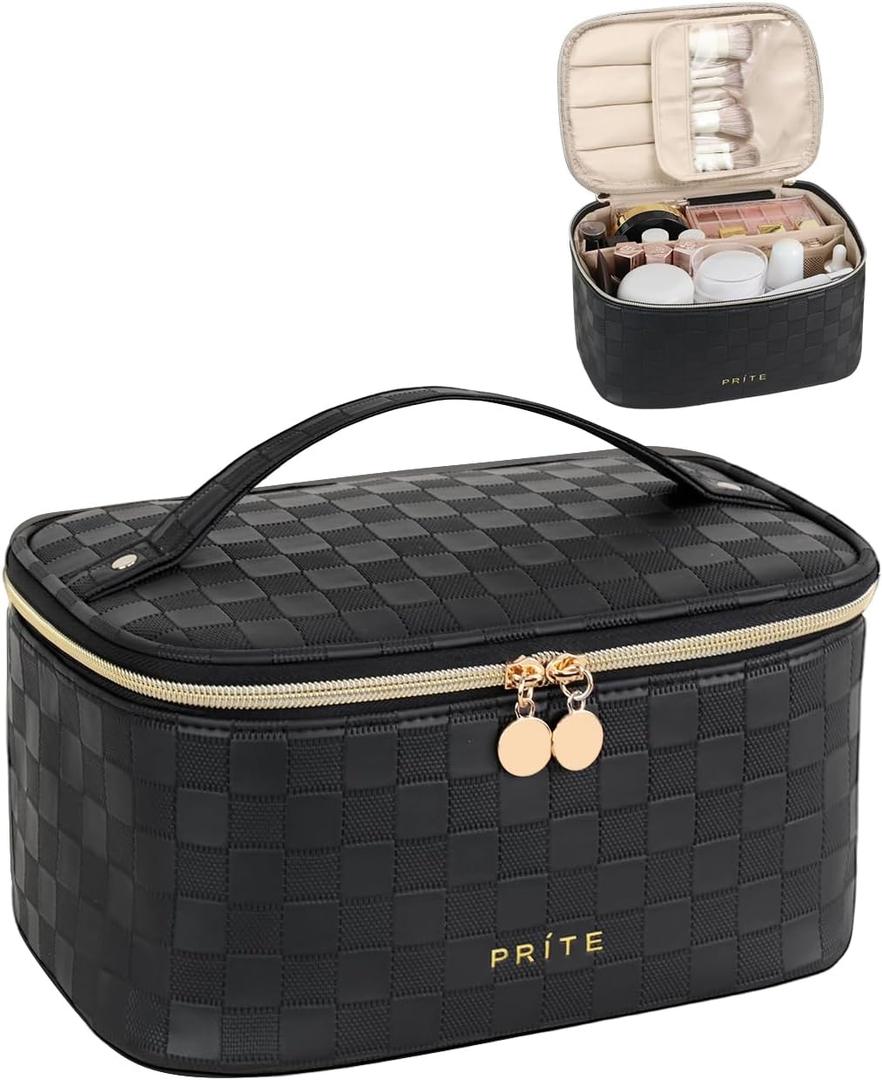 Prite Makeup Bag, Large Capacity Portable Travel Cosmetic Bag, Waterproof Makeup Organizer for Women with Handle and Divider (001 Black)