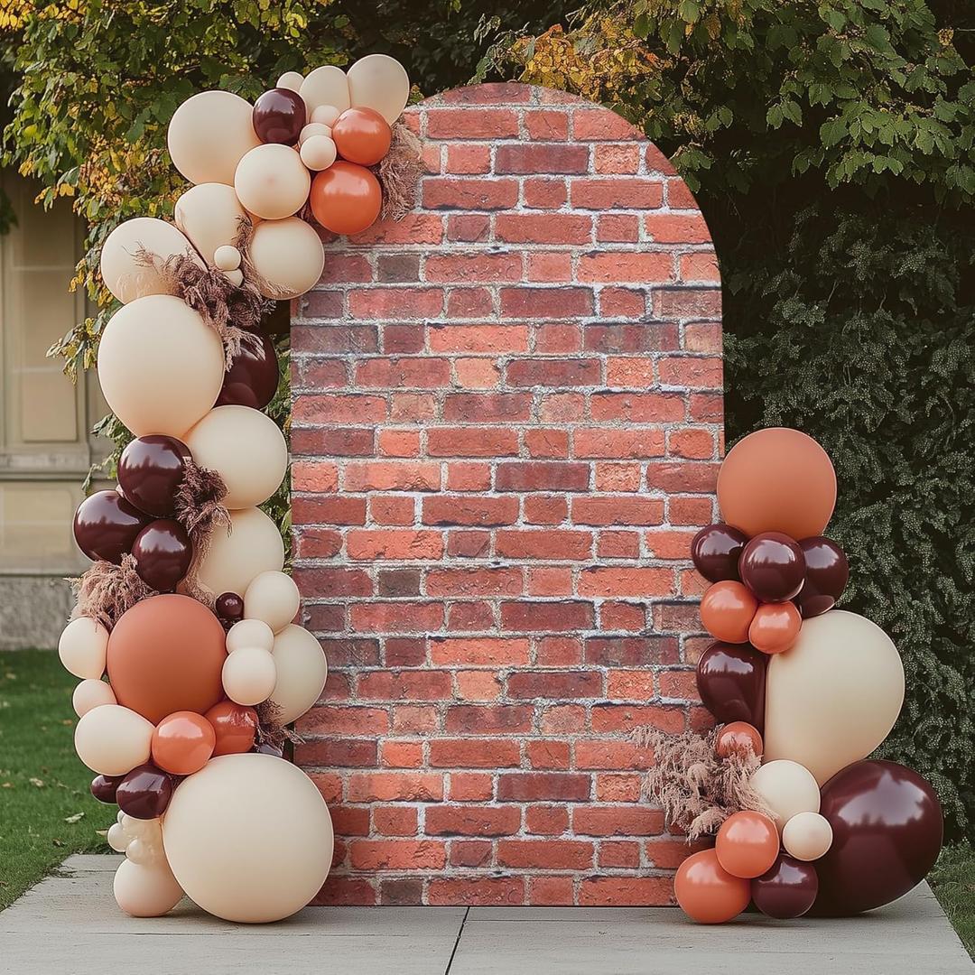 Chiara 7.2FT Red Brick Arch Backdrop Spandex, Wrinkle Free Fitted Arch Background Cover for Farmhouse Style Vintage 2-Sided Round Top Wedding Photography Birthday Baby Shower