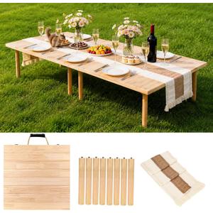 60" x 30" Boho Low Picnic Table, Portable Wooden Folding Picnic Table with Table Runner for Camping, Beach, Garden, Picnic, Party, Indoor & Outdoor Use, Seats 6-8 People, 8-Leg Design