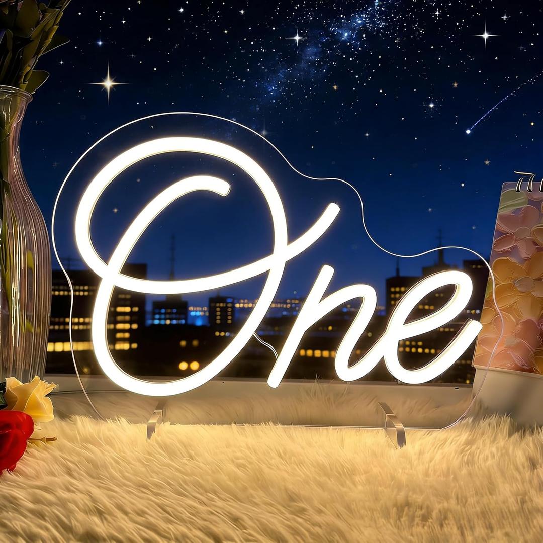 One Neon Sign for First Birthday LED Signs Warm White One Year Old Birthday Table Number Neon Lights Lamp for Home Birthday Party Decor Bedroom Decorations Christmas Gift 30cm*21cm