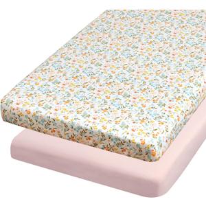 Baby Bassinet Sheets Girls, Cotton Bassinet Sheets Rectangle, 2 pc Bassinet Mattress Sheets, 32"x16" Compatible with Baby Delight Beside Me Dreamer Bassinet, Bedside Bassinet Sheet (Floral + Pink)
