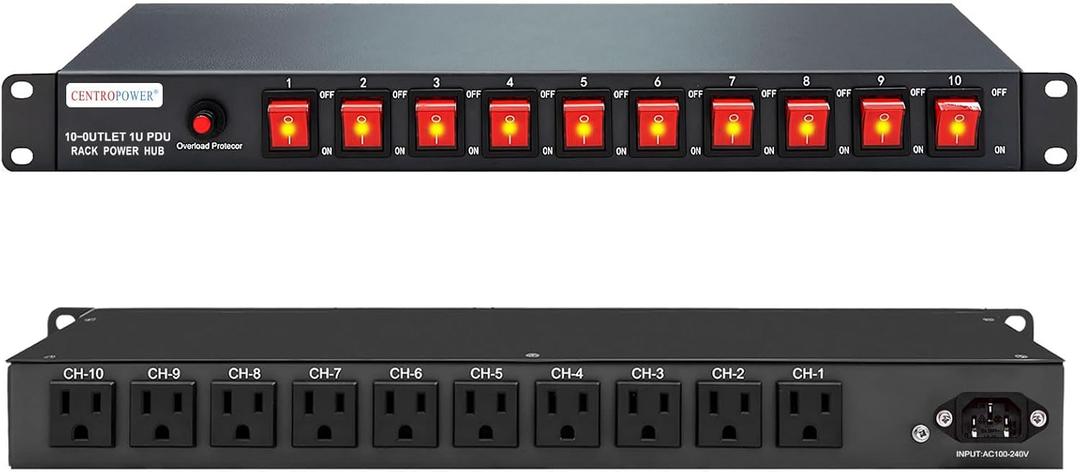 1U PDU Horizontal Rackmount Power Strip - Surge Protector 10 NEMA 5-15R Outlet 100V-240V/15A 1800 Joules, 10 Independent LED Switches, w/6 ft Cord, for Network Server, ETL Listed, by CENTROPOWER