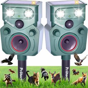2 Pack Solar Ultrasonic Animal Repellent - Motion Activated Deterrent - Extended Coverage for Farm, Orchard, Garden Large Yard Wildlife Defense - Waterproof Raccoon, Deer, Bird, Cat Repellent