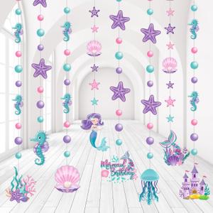 Cindeer 8 Pcs Mermaid Birthday Party Decorations Summer Under The Sea Garlands Ocean Castle Hanging Banner Pearl Jellyfish Starfish Ceiling Streamers for Kids Girls Baby Shower Wedding Party Supplies