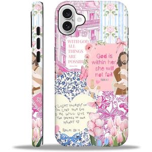 Case Designed for iPhone 16, Hybrid 2-Layer Case, Military-Grade Protection Durable Shockproof Anti-Scratch Phone Case, Pink Blue Jesus Collage