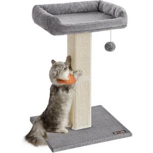 Feandrea Cat Scratching Post, 27.9-Inch Cat Scratcher with 15.7 x 11.8 Inches Plush Perch, Tall Scratch Post with Woven Sisal, Pompom, Removable Washable Cover, Light Gray UPCA022W01