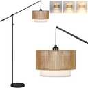 【Upgraded】Boho Dimmable Floor Lamps with Adjustable Swing Arm, 1100 Lumens Bulb Included, Modern Standing Lamp with Rattan & Fabric Shades, Farmhouse Tall Arc Floor Lamp for Living Room Bedroom, Black