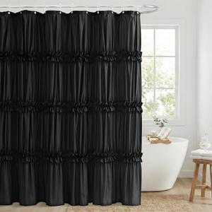 Seasonwood Black Shower Curtain Elegant Ruffle Shower Curtain with Ruched & Bow Vintage Farmhouse Shower Curtains for Bathroom Boho Bathroom Decor(Black,72x72 Inches)