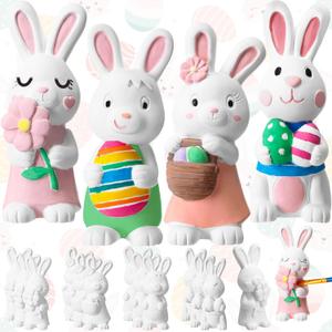Zubebe 12 Pcs Ready to Paint Your Own Easter Bunny Figurines 5.1 Inch 3D Unpainted Blank Ceramics to Paint Bunny Statues Large DIY Arts Crafts Rabbit Ceramic Figurines for Easter Day Decor, 4 Styles