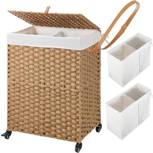Greenstell Laundry Hamper with Wheels, No Install Needed, 90L Divided Handwoven Hampers & 2 Removable Liner Bags, Synthetic Rattan Clothes Laundry Basket with Lid & Handles, Foldable Hampers Natural (90L: 18.3x13.5x26.4 Inches)