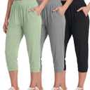 Real Essentials 3 Pack: Women's Ribbed Capri Jogger Lounge Sweatpants with Pockets Yoga Workout (Available in Plus Size) (L)