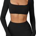 ABOCIW Women Square Neck Long Sleeve Workout Crop Top Low Medium Impact Athletic Yoga Gym Shirts with Built in Bra  (ONLY TOP) (Small, Black)