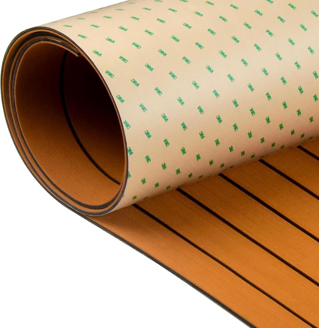 OCEANBROAD Boat Flooring with 3M 99786+ High Strength Adhesive Backing EVA Foam Self-Adhesive 96''x45.6'' Faux Teak Marine Decking Sheet for Jon Boats Yacht RV Floor