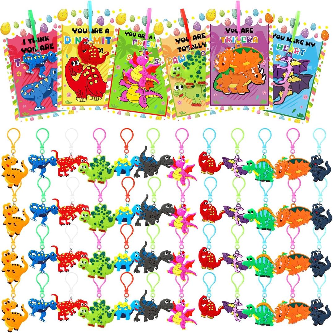 96 Pcs Valentine's Day Gifts Dinosaur Keychains with Valentines Cards Funny Exchange Gifts for Party Favors Goodie Bag Stuffers Treat Bulk Birthday Supply Decoration