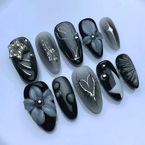 Black Glitter Press on Nails Medium Almond Fake Nail with 3D Flowers Star Designs Silver Heart Star False Nails Full Cover Stick on Nail for Women 30 Pcs