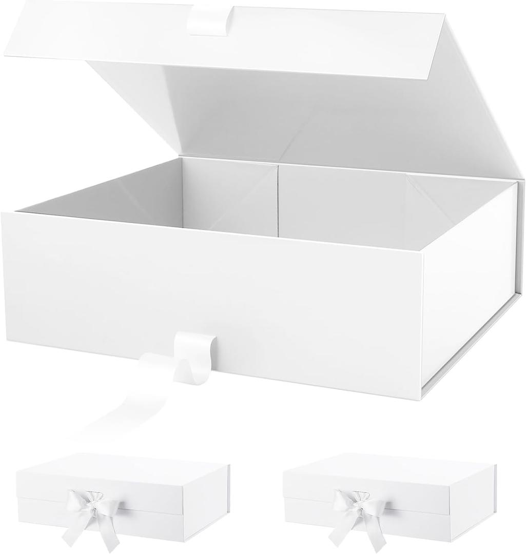 PACKHOME 17x14.5x5.5 Inches, 3 Extra Large Gift Boxes with Lids, Magnetic Closure Boxes with Ribbon for Clothes and Large Gifts (Glossy White) (1 Count (Pack of 2), White Ribbon)