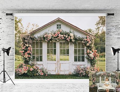 Kate Spring Flower House Backdrop Rustic Garden Background Door Floral Photo Background Studio Props, 10x8ft