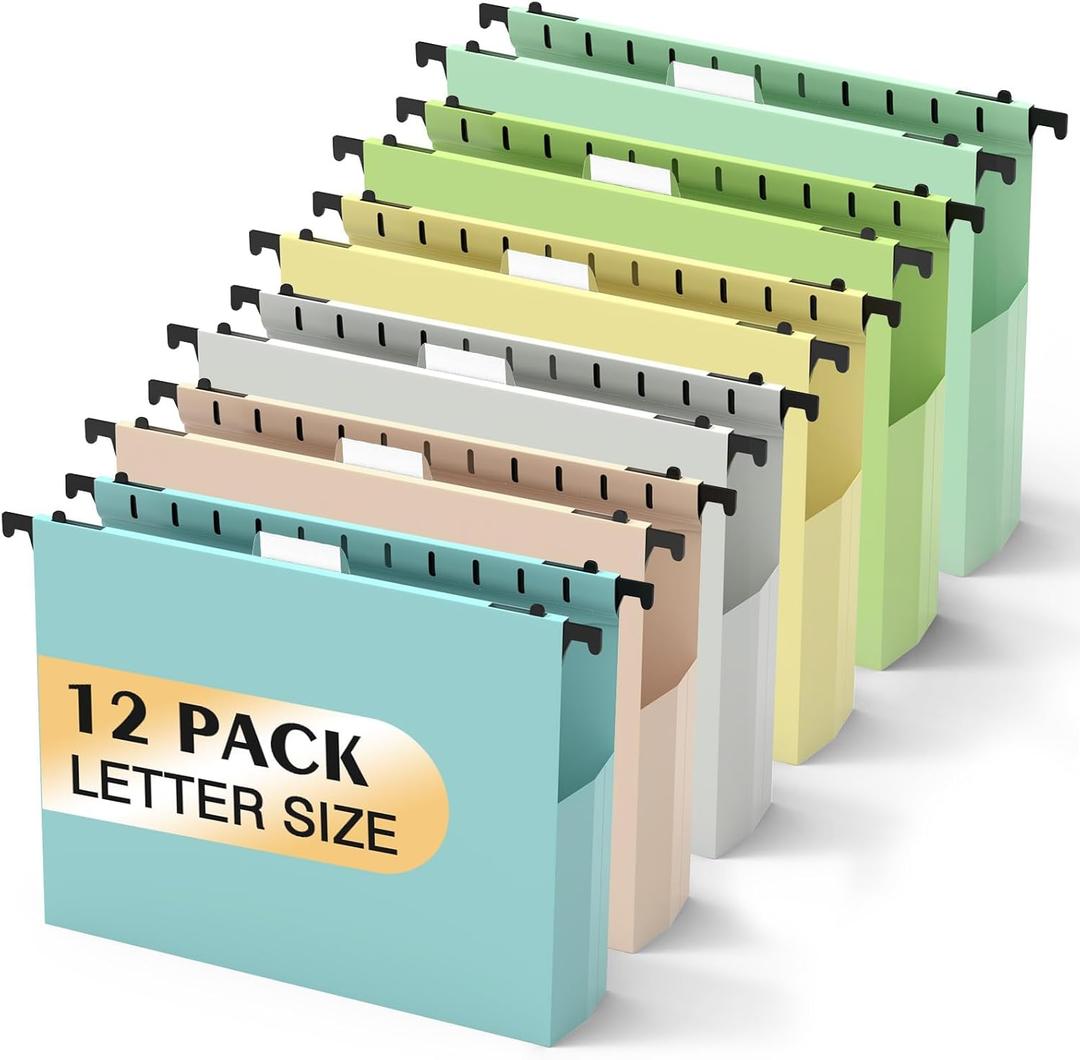 SHUTEX Extra Capacity Plastic Hanging File Folders,12 Pack Reinforced Hang Folder,Heavy Duty 2 Inch Expansion,Filing Cabinet Folders Letter Size for Bulk Files/Medical Charts (Morandi Colors)