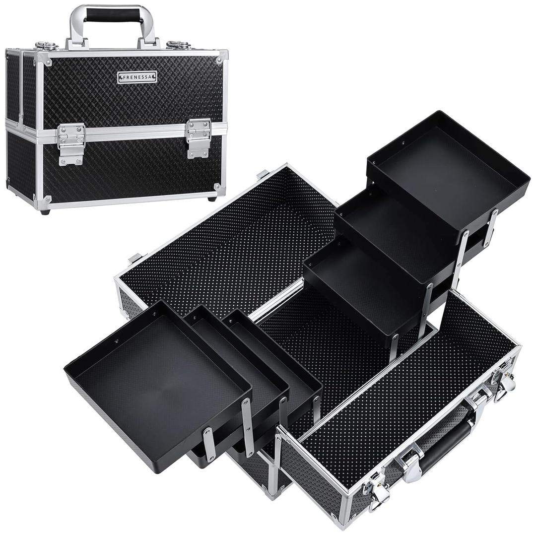 FRENESSA Makeup Train Case Makeup Case 11.8 Inch Large Cosmetic Box Organizer Travel Storage Professional Make Up Train Carrying Case with 6 Trays Locking Hard Vanity Storage Black (Black)
